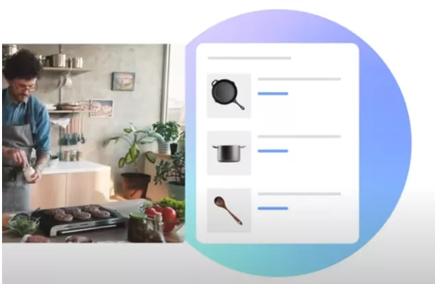 Exemplo de como funciona o Youtube Shopping na prática. Na imagem, homem cozinha e, ao lado, aparecem os itens usados no vídeo, disponíveis para compra.