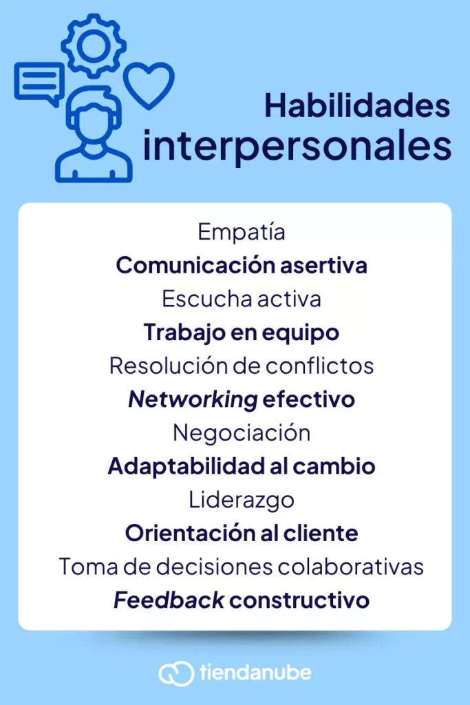 Habilidades interpersonales que potencian la colaboración, mejoran las relaciones y fortalecen el éxito en equipos y negocios: empatía, comunicación asertiva, escucha activa, trabajo en equipo, resolución de conflictos, networking efectivo, negociación, adaptabilidad al cambio, liderazgo, orientación al cliente, toma de decisiones colaborativas y feedback constructivo.