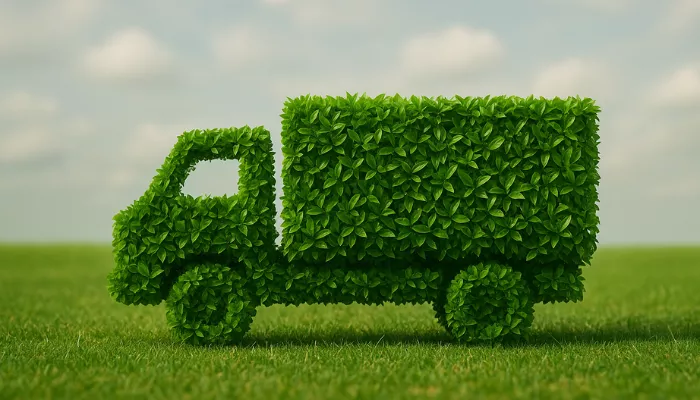 Camión hecho de hojas sobre un campo verde, representando la logística verde.
