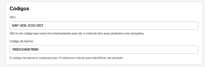 área de cadastro de código produtos da plataforma de e-commerce Nuvemshop