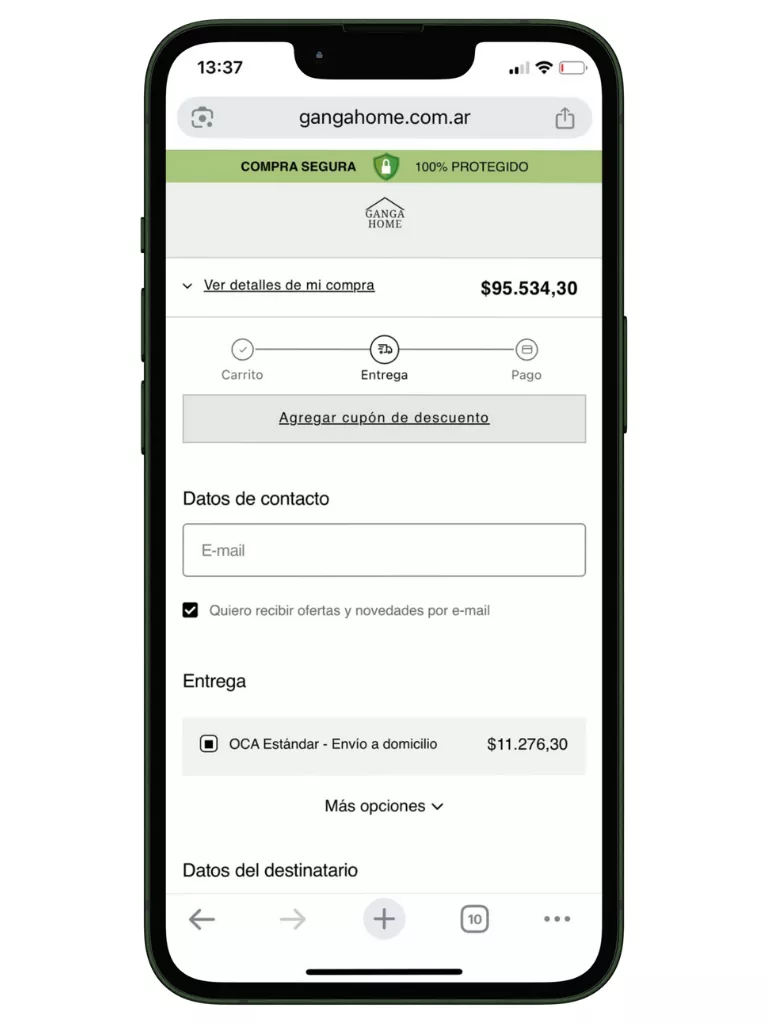 Ejemplo del checkout de la tienda online de Ganga Home.