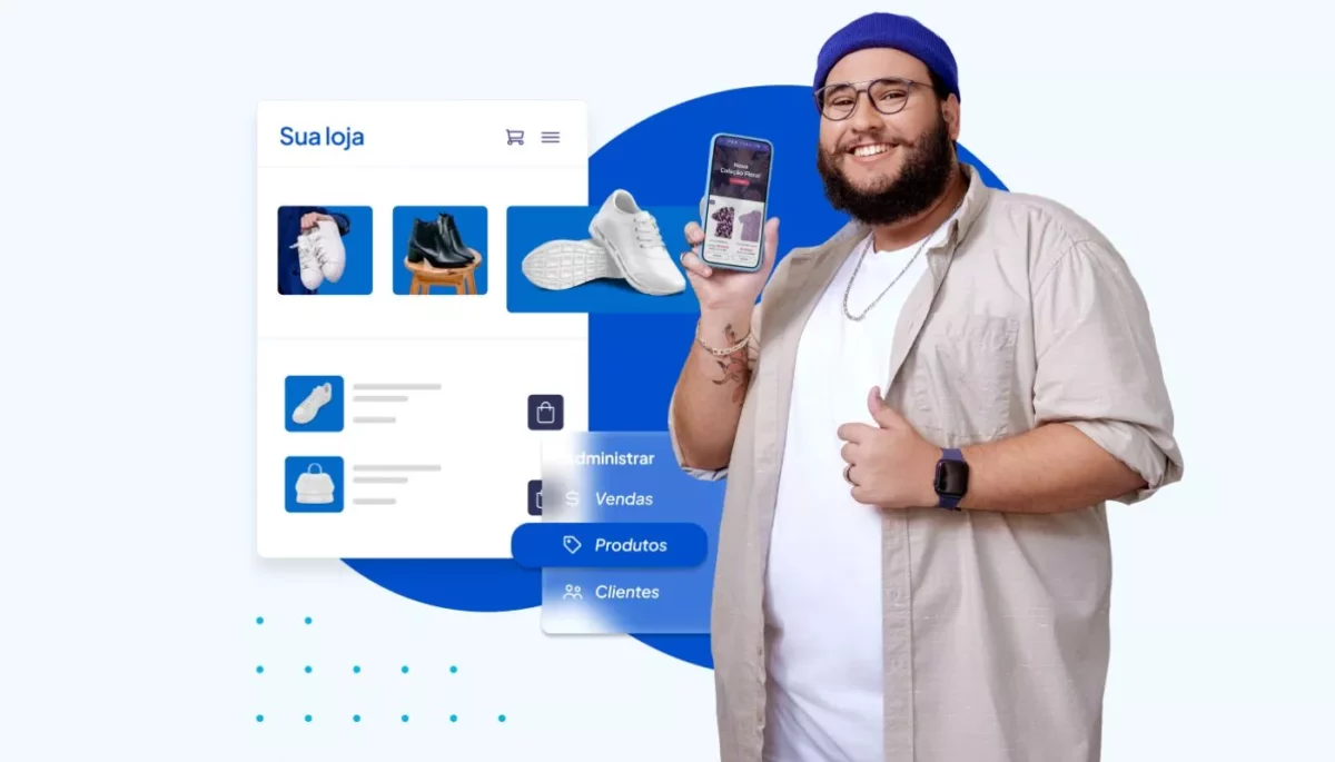 Jovem empreendedor posa para a foto exibindo sua loja virtual na tela do celular. Ao fundo, vemos ícones relacionados ao painel de gestão de lojas Nuvemshop, ilustrando como funciona a plataforma.
