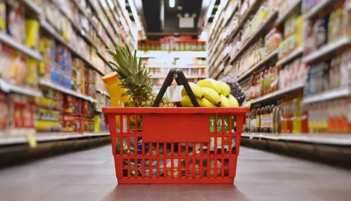 Canasta de supermercado con productos básicos como frutas y alimentos, representando cómo poner una tienda de abarrotes con poco dinero.