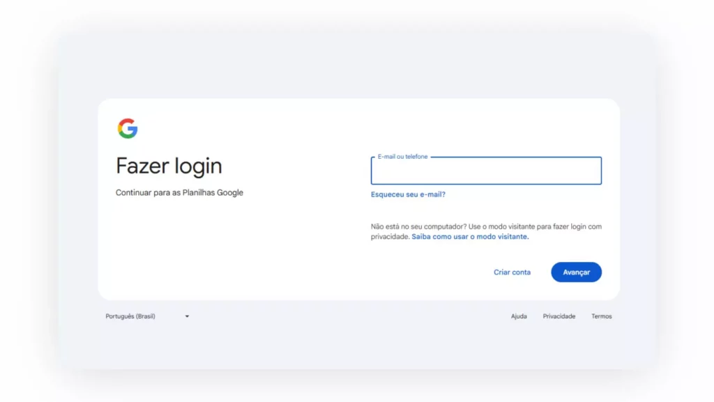 Captura de tela para login em conta Google.
