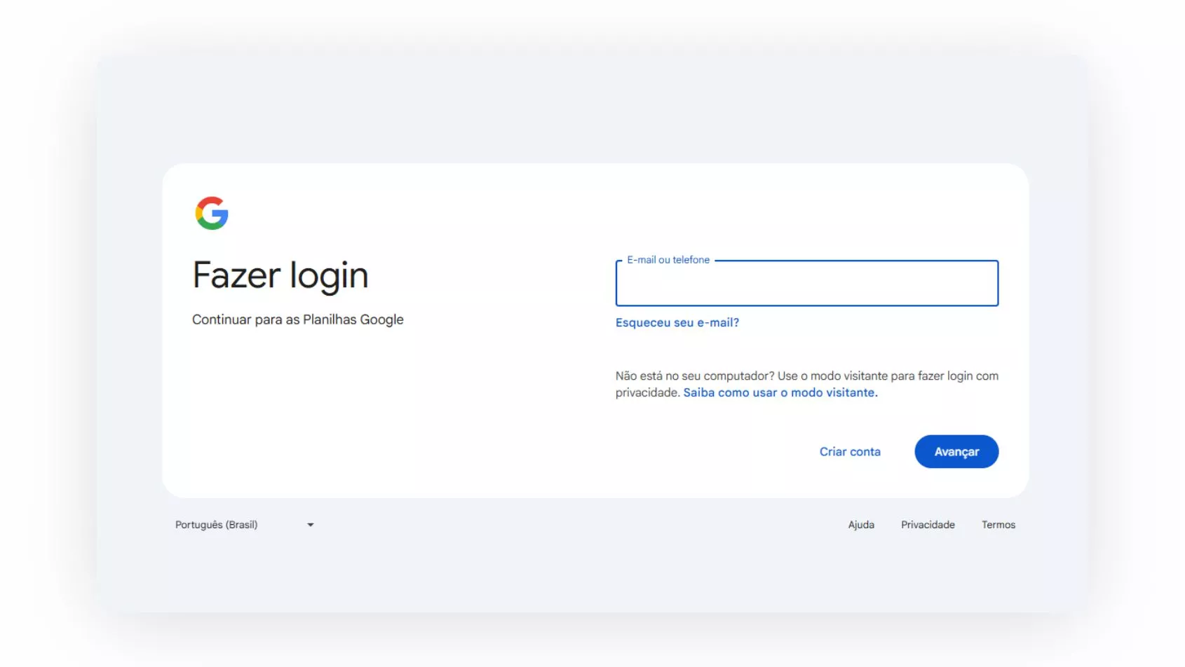 Captura de tela para login em conta Google.