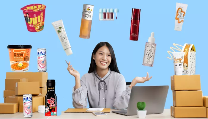 Emprendedora con productos coreanos para vender flotando.