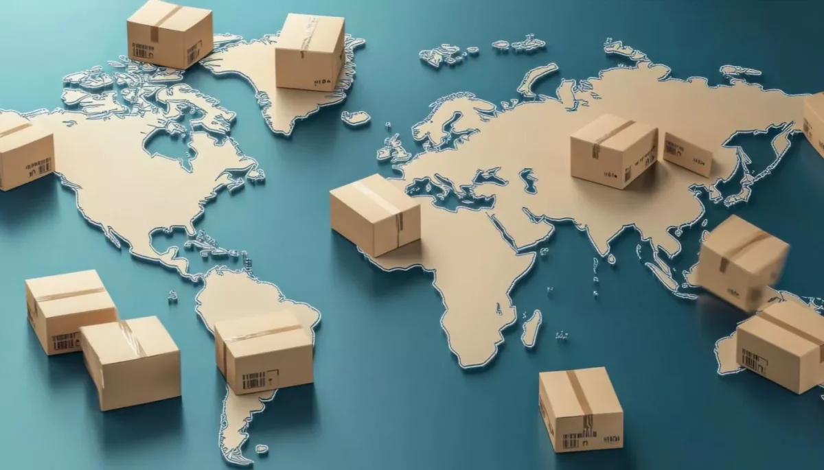 Mapa-múndi estilizado com caixas de papelão sobre os continentes, ilustrando a logística e a abrangência global do e-commerce internacional.