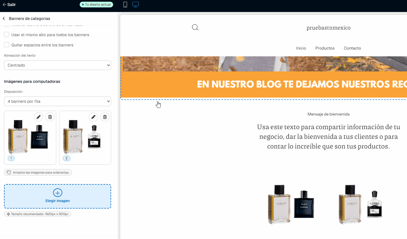 Ejemplo de configuración de diseño de Tiendanube.