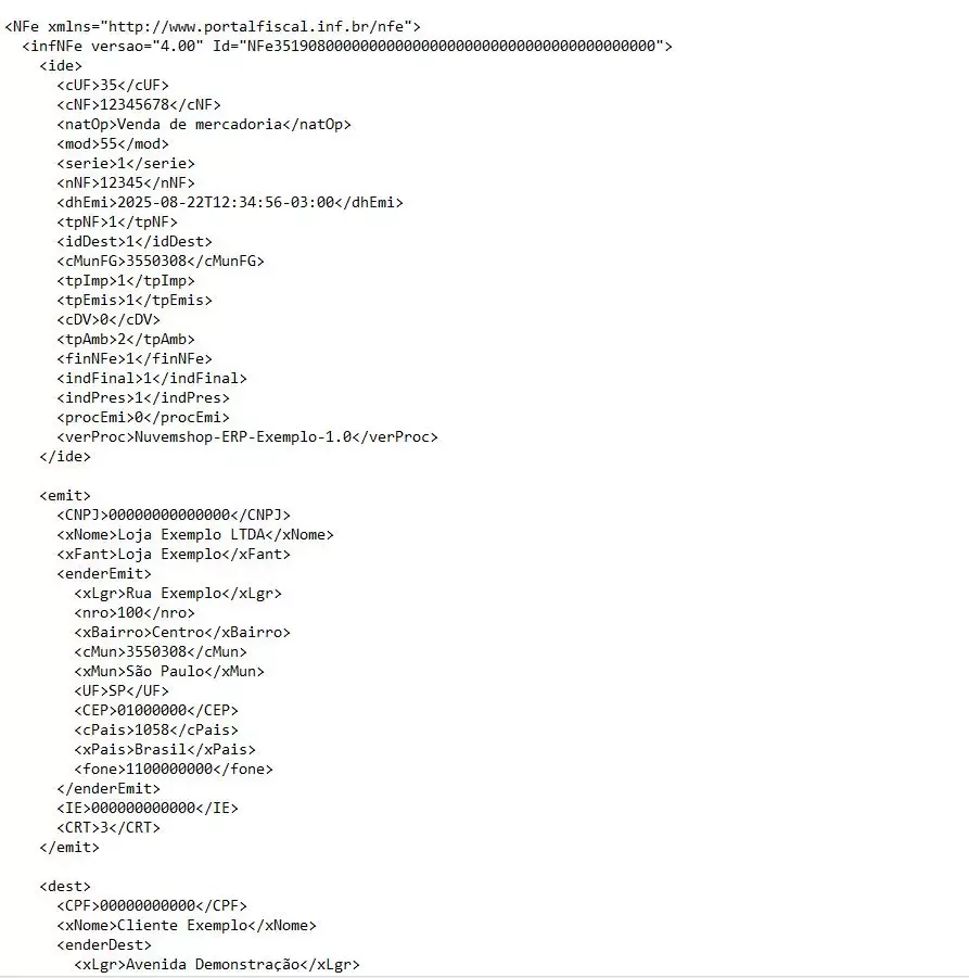 Exemplo de como é o código XML de nota fiscal eletrônica.