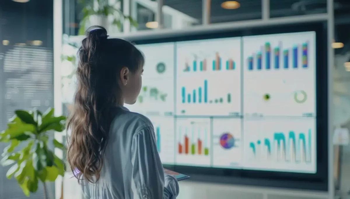 Financiamento para abrir empresa: guia para conseguir crédito Pessoa olhando para uma tela repleta de gráficos, representando quando recorrer a um financiamento para abrir empresa.