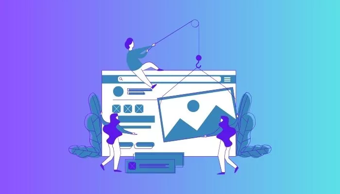 15 mejores herramientas para crear una página web de ventas Ilustración que representa a diseñadores usando una herramienta para crear una página web.