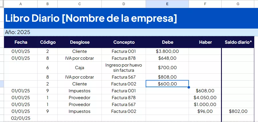 Captura de la plantilla para libro diario gratis.