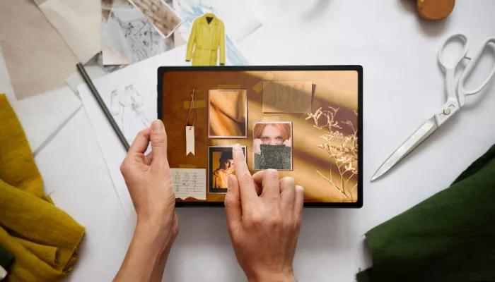 Cómo crear un moodboard en 4 pasos Persona realizando un moodboard para su marca de ropa online en una tablet.