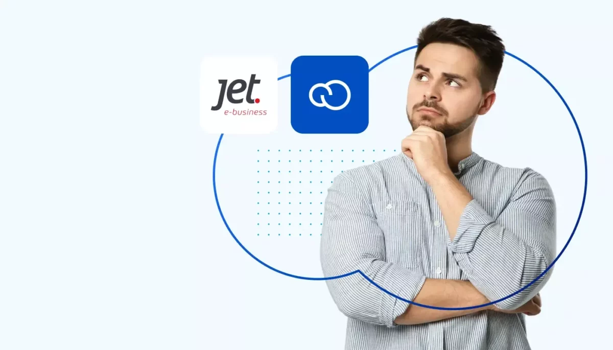 Nuvemshop ou JETCommerce: qual a melhor para o seu negócio? Homem com aparência profissional posa em dúvida. Em destaque, vemos os logos de plataformas de ecommerce, ilustrando o comparativo entre Nuvemshop e Jetcommerce.