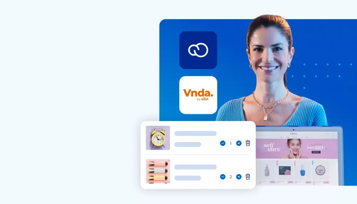 Nuvemshop ou VNDA: qual é a melhor plataforma para lojas online? Mulher posa ao fundo de um notebook com imagem de uma loja virtual. Ao lado, há um quadro com produtos em destaque, além dos logos de plataformas de e-commerce, mostrando a escolha entre Nuvemshop ou VNDA