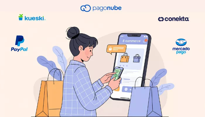 12 mejores pasarelas de pago en México Mujer seleccionando diferentes pasarelas de pago para su e-commerce.
