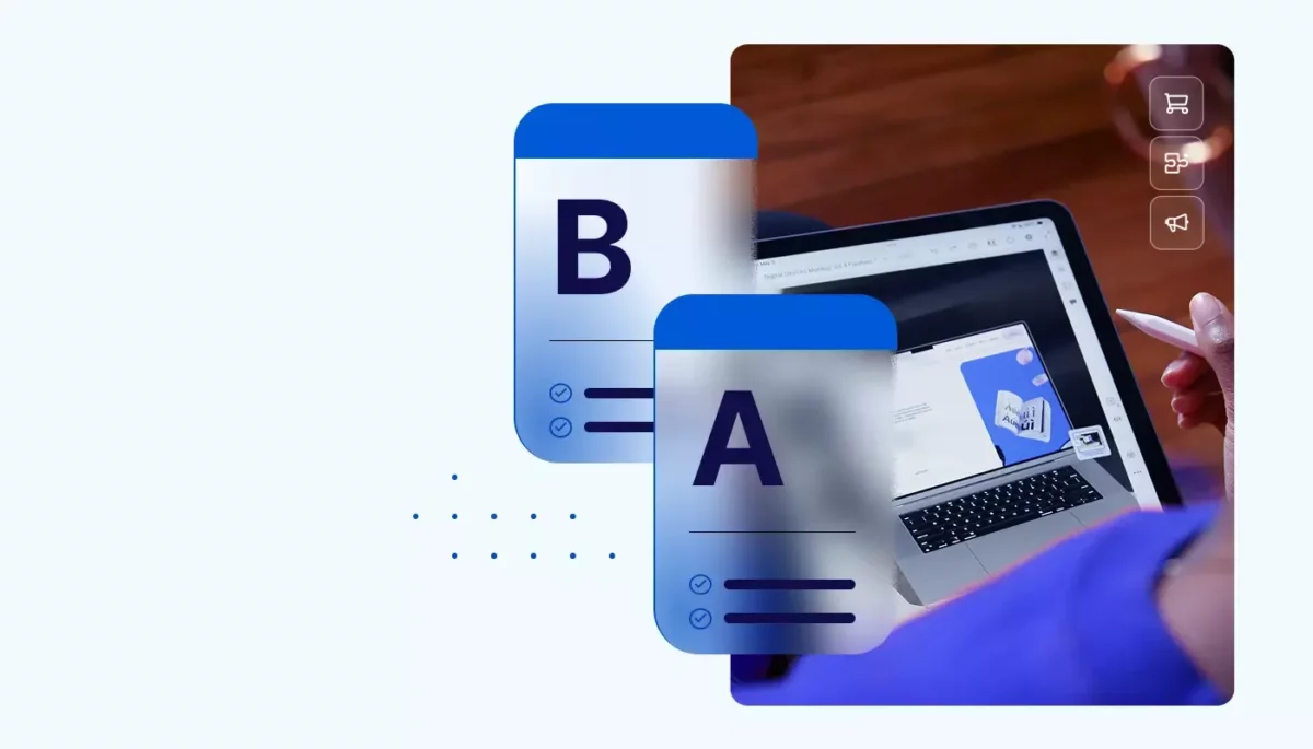 Imagem mostra pessoa avaliando um site em um notebook, enquanto há um comparativo entre opções A e B, ilustrando o texto sobre os planos da Nuvemshop