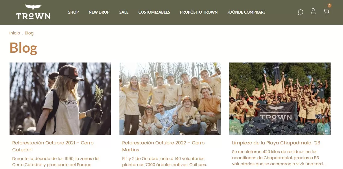 Captura de pantalla del blog de Trown, como acci&oacute;n de SEO marketing, dentro de su e-commerce creado con Tiendanube Evoluci&oacute;n.