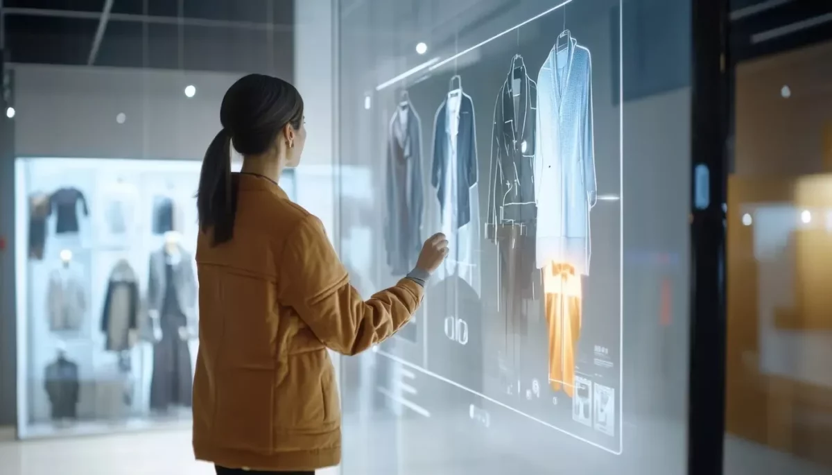 Como usar a vitrine virtual para vender mais? Guia completo Imagem mostrando uma mulher olhando uma projeção de roupas em uma tela, representando a produção de imagens para uma vitrine virtual.