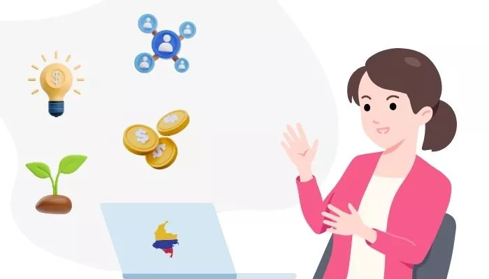 Ilustración que muestra a una emprendedora consultando en su portátil las entidades que apoyan el emprendimiento en Colombia.