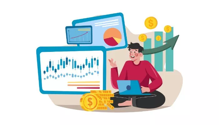 Ilustración que muestra a un emprendedor realizando una investigación de mercado para su negocio.