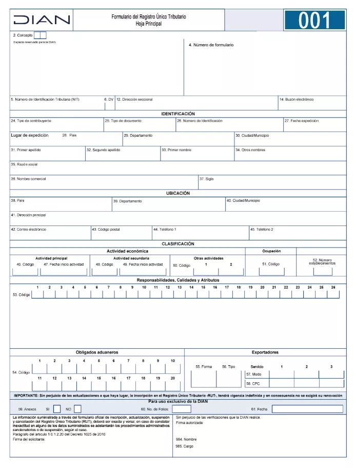 Formulario del Registro Único Tributario RUT (DIAN).