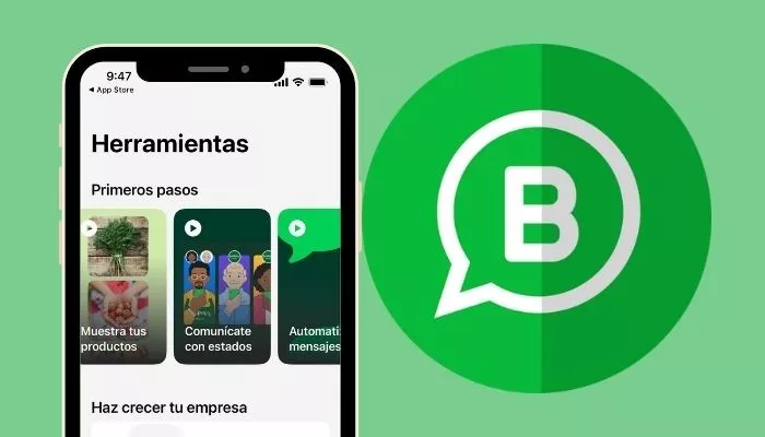 ¿Cómo hacer WhatsApp de empresa? Video + pasos Ilustración con elementos que representan cómo poner cuenta de empresa en WhatsApp: pantalla de un celular mostrando herramientas de WhatsApp para empresas, junto al logo oficial de WhatsApp Business.