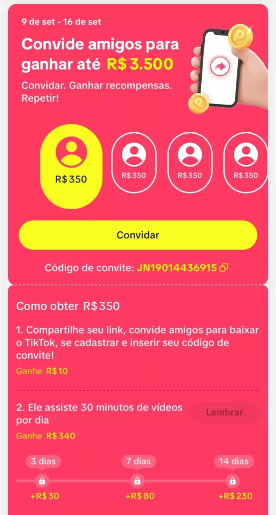Captura de tela que mostra como ganhar dinheiro no TikTok por meio de convites.