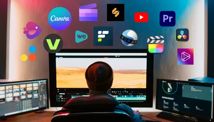 Editor de videos online con programas profesionales y aplicaciones populares como Canva, Clipchamp, Premiere Pro y DaVinci Resolve en un estudio de edición.