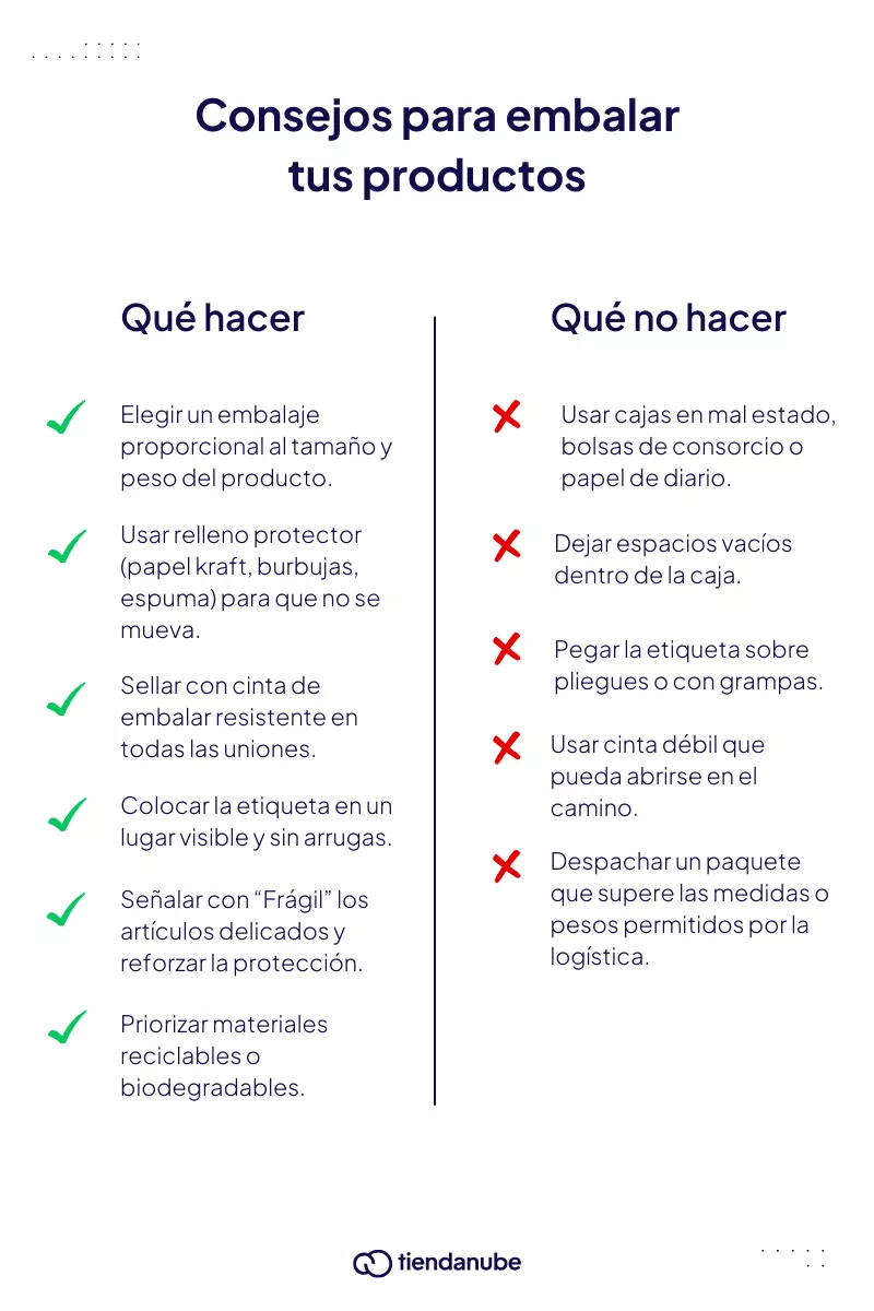 Lista de consejos para embalar tus productos, con qué hacer y qué no hacer.