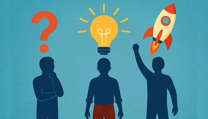 Ilustración de tres personas que representan el espíritu emprendedor, con un signo de pregunta, una bombilla y un cohete simbolizando ideas y acción.