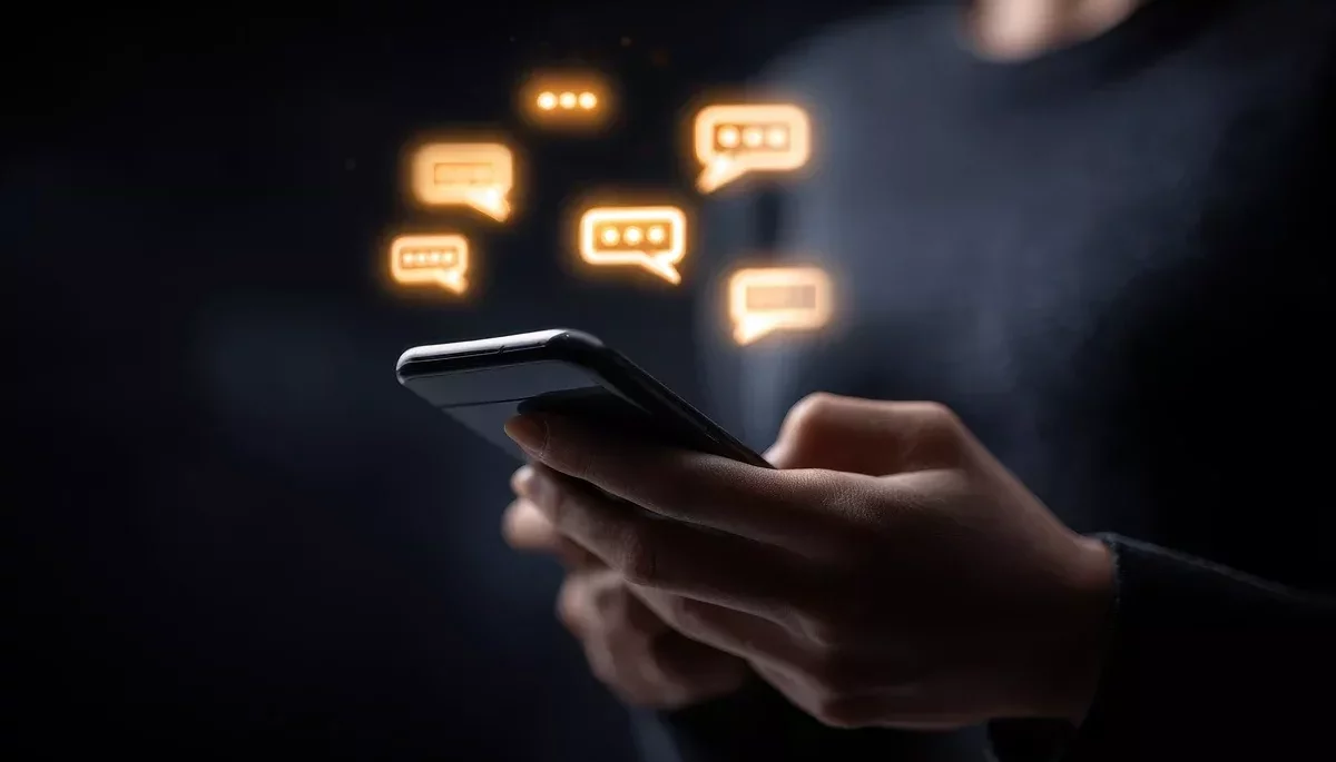 JivoChat: o que é e como usá-lo no atendimento do e-commerce Pessoa digitando no celular enquanto aparecem ilustrações de balões de fala acima, representando o que é JivoChat e como usar a ferramenta.