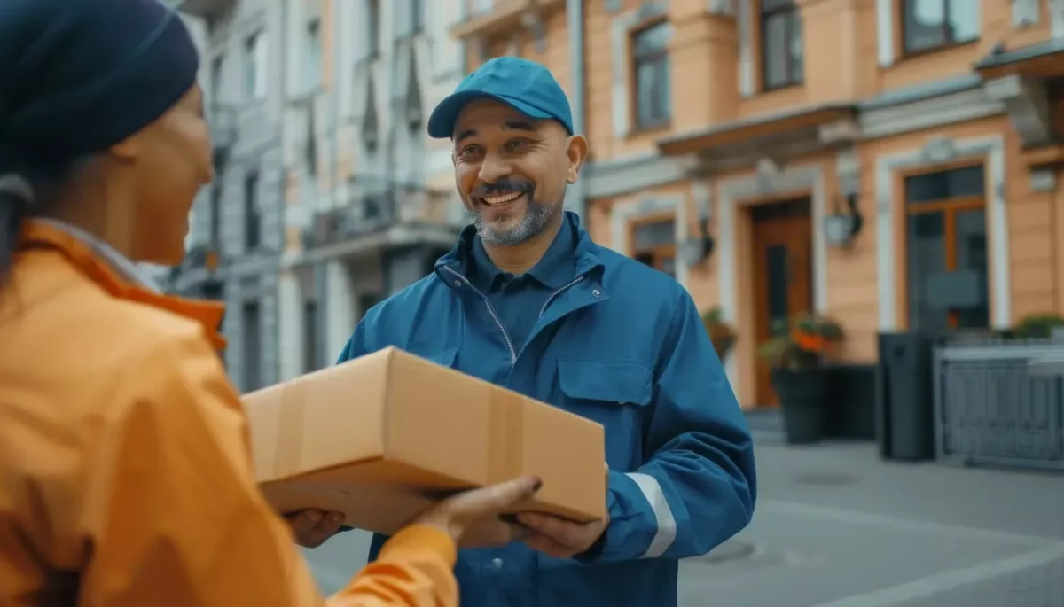 Homem carregando caixa em sistema de logística door to door