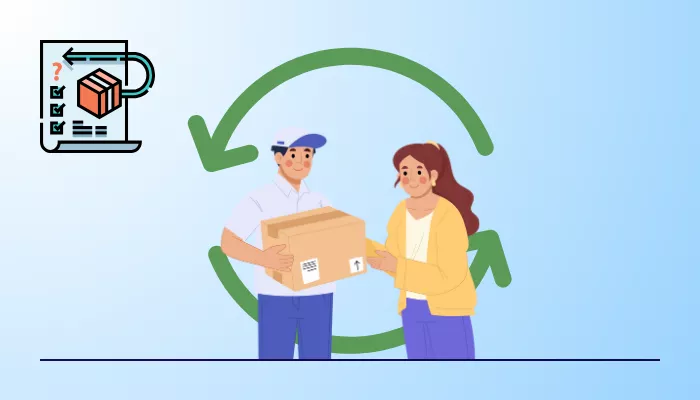 Logística inversa: transforma cambios y devoluciones en ganancias Logística inversa representada en la devolución de productos entre cliente y repartidor con flechas circulares.
