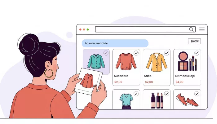 Mujer eligiendo lo más vendido en México para su tienda online.