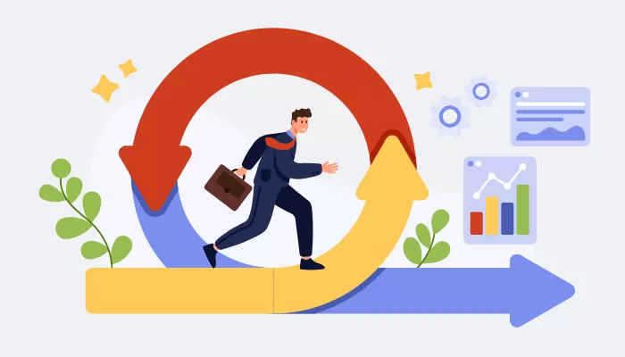 Qué son las metodologías ágiles, la clave de gestión de negocios Metodologías ágiles en e-commerce representadas con un emprendedor avanzando dentro de un ciclo ágil con flechas de colores, rodeado de gráficos y tableros de datos.