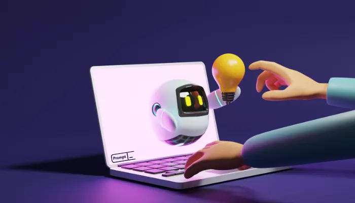 Qué es un prompt en inteligencia artificial explicado con ilustración de robot y computadora.