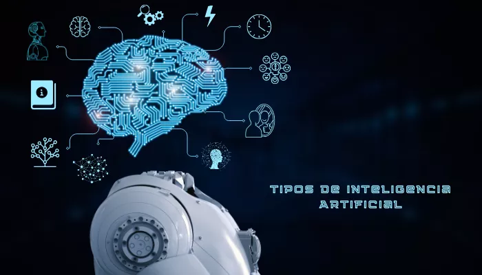 Representación de los tipos de inteligencia artificial con un cerebro de color celeste.
