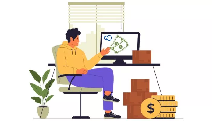 Hombre joven feliz con su computadora, representando cómo ganar dinero online.