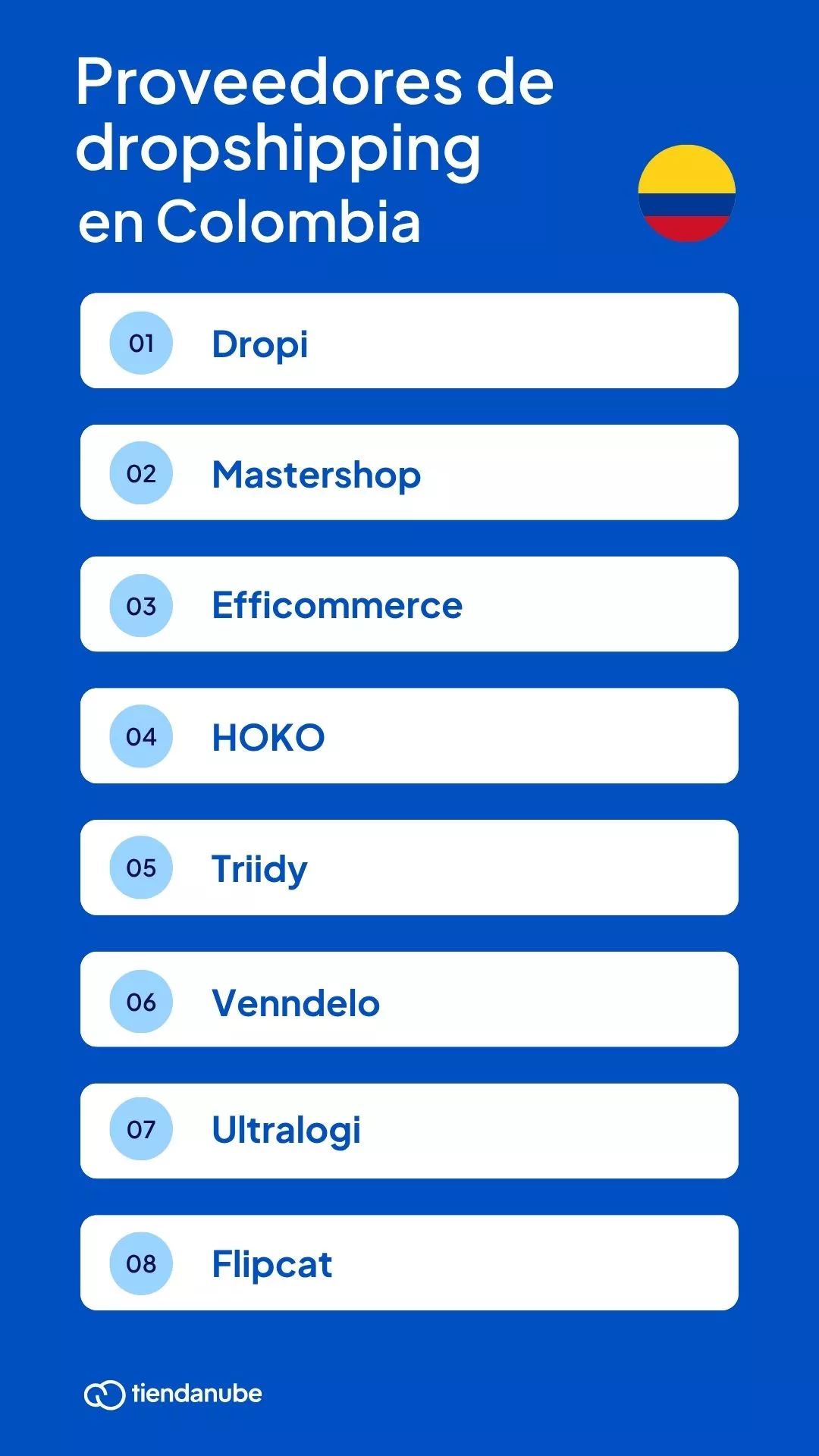 Lista de proveedores de dropshipping en Colombia: Dropi, Mastershop, Efficommerce, Hoko, Triidy, Venndelo, Ultralogi y Flipcat.