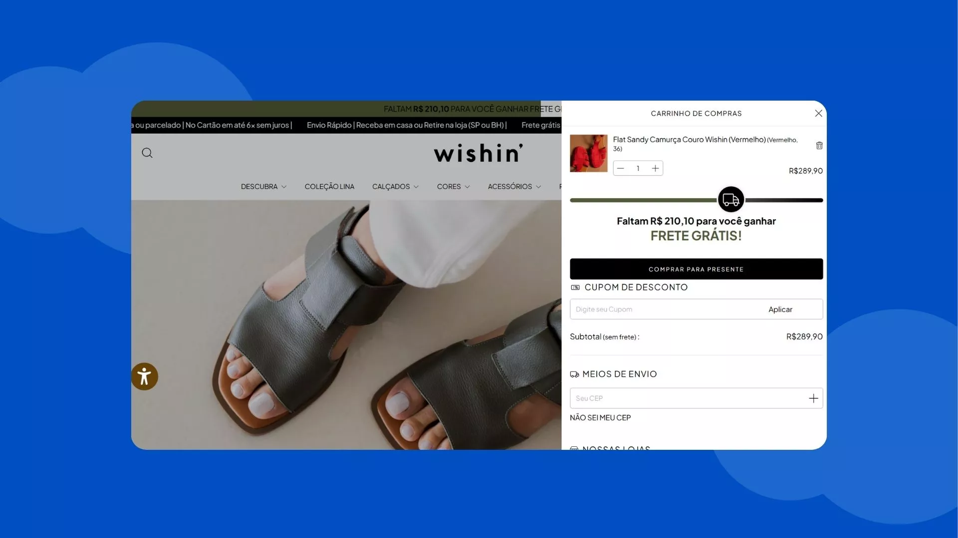 Exemplo de checkout personalizado da marca Wishin, com recurso nativo de barra de frete grátis
