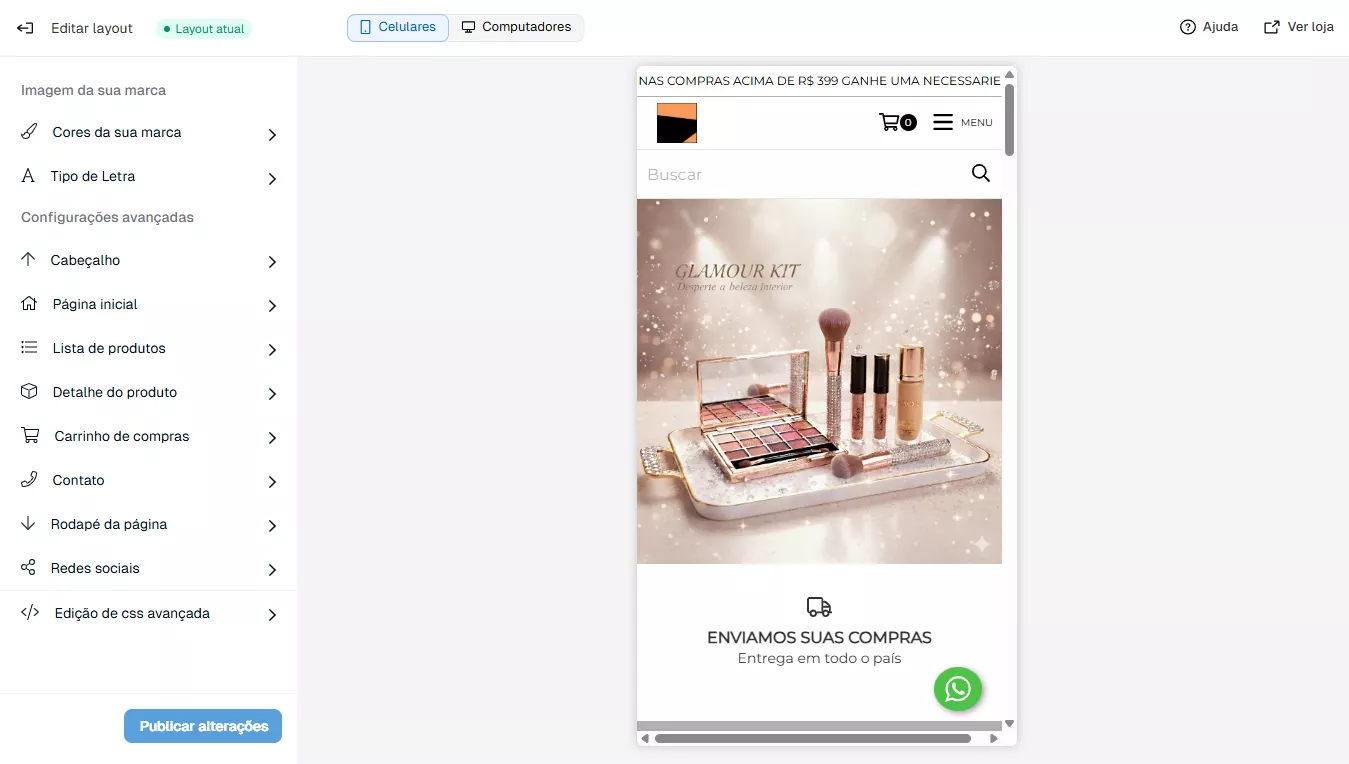 Área de edição de código CSS Nuvemshop no painel administrativo