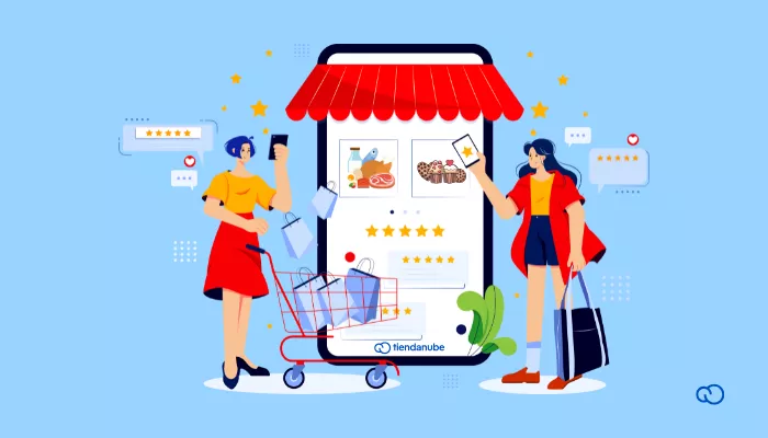 Cómo vender comida por internet con Tiendanube Dos personas y un celular representando cómo vender comida por internet con Tiendanube en una tienda online.