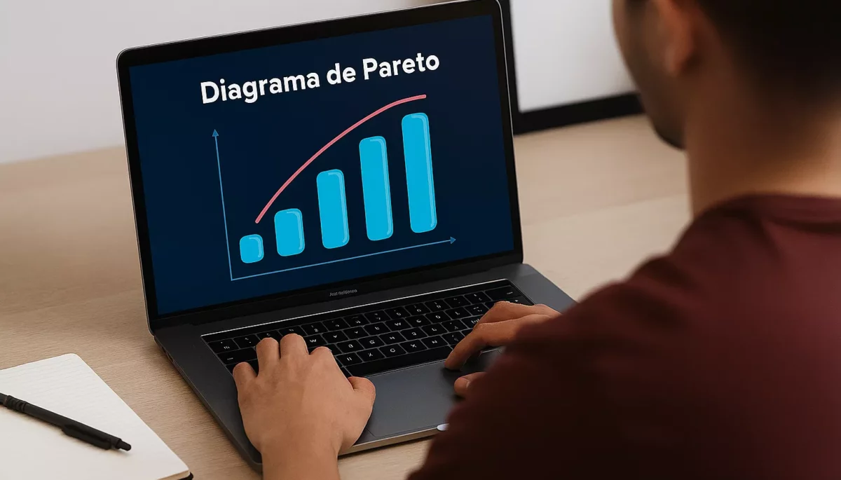 Persona analizando en su computadora un diagrama de Pareto.