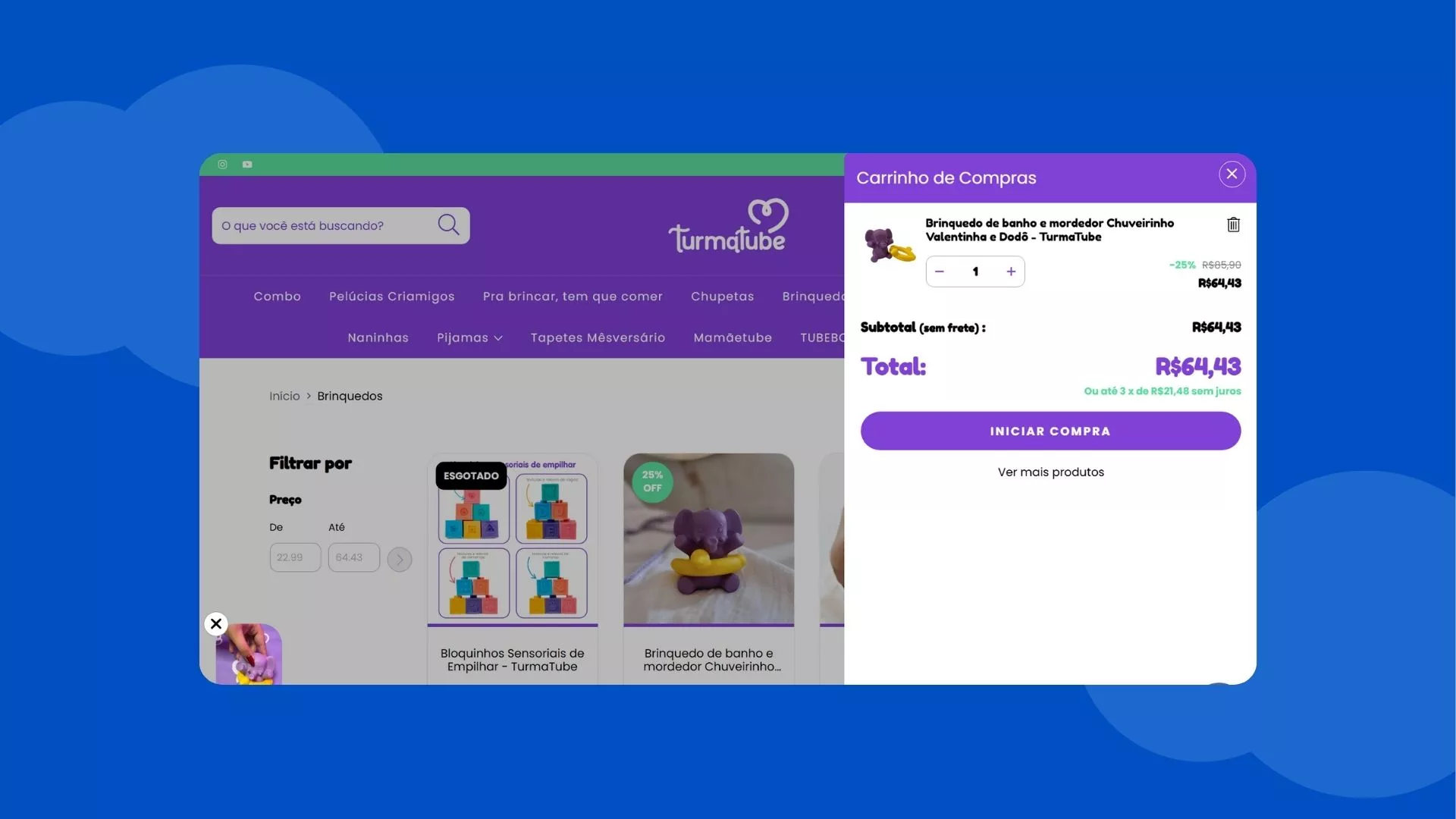Exemplo de checkout personalizado na Nuvemshop, da loja Turma Tube