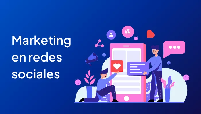 Imagen de dos dibujos de personas haciendo marketing en redes sociales.