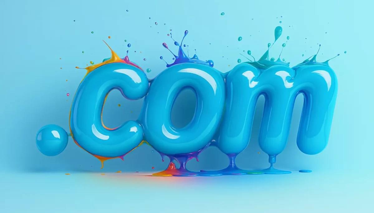 ¿Qué es .com? Todo sobre el dominio más utilizado Ilustración 3D de la palabra “.com” en color azul brillante con efecto líquido y salpicaduras de pintura multicolor sobre fondo celeste.