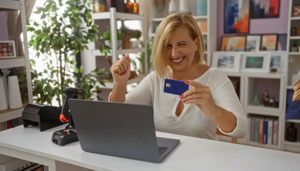 Pessoa segurando um cartão de crédito enquanto faz uma compra online, representando o que é taxa de aprovação.
