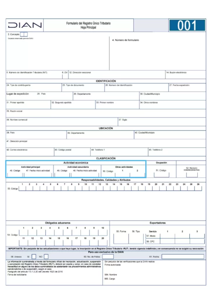 Casillas del RUT en donde se incluyen los códigos de actividades económicas DIAN