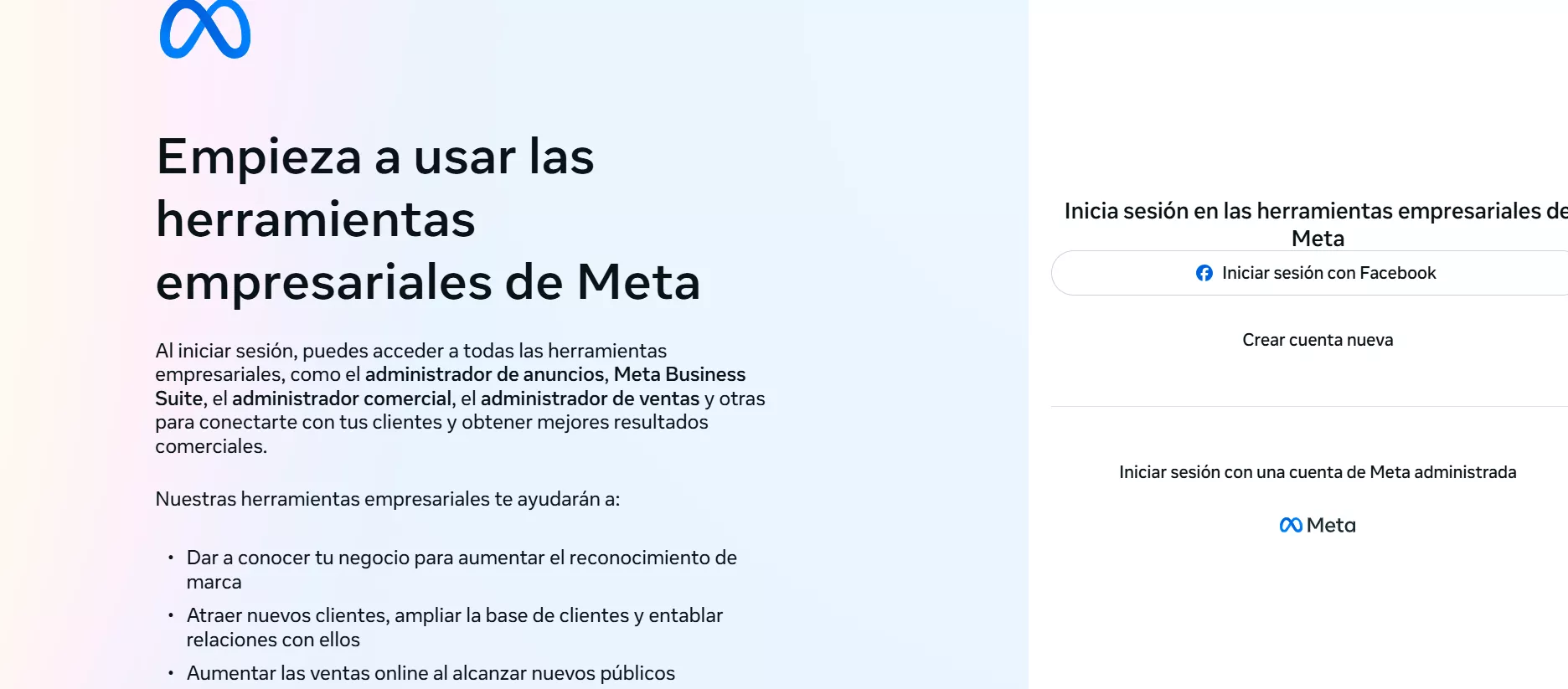 Pantalla de inicio de sesión de Meta Business Manager.